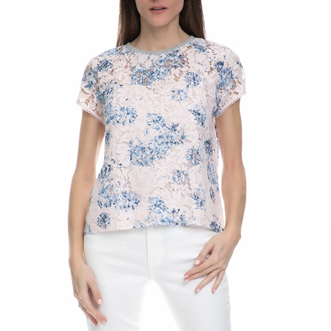 JUICY COUTURE-Γυναικεία κοντομάνικη μπλούζα με δαντέλα Juicy Couture λευκή - γαλάζια