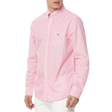 GANT-Ανδρικό ριγέ μακρυμάνικο πουκάμισο GANT ροζ-λευκό