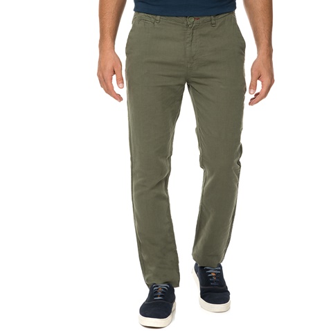 GUESS-Ανδρικό λινό παντελόνι chino  GUESS ALAIN SLIM STRAIGHT σκούρο πράσινο