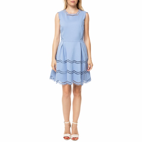 TED BAKER-Γυναικείο μίνι φόρεμα TED BAKER CAMMEY EMBROIDERED TIERED γαλάζιο