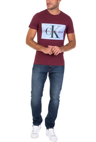 CALVIN KLEIN JEANS-Ανδρική κοντομάνικη μπλούζα MONOGRAM BOX LOGO SLIM μπορντό