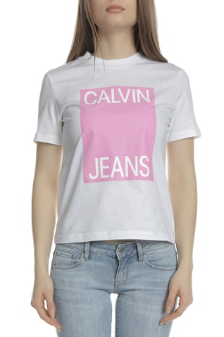 CALVIN KLEIN JEANS-Γυναικεία κοντομάνικη μπλούζα CALVIN KLEIN JEANS λευκή-ροζ