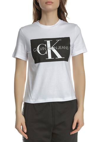CALVIN KLEIN JEANS-Γυναικεία κοντομάνικη μπλούζα CALVIN KLEIN JEANS  ICONIC MONOGRAM BOX λευκή