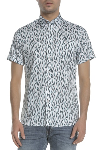 TED BAKER-Ανδρικό κοντομάνικο πουκάμισο TED BAKER WOOLRUS λευκό-μπλε