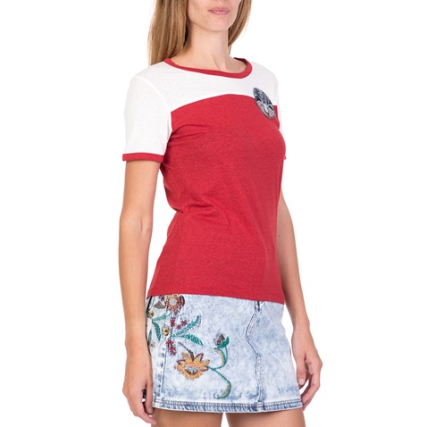 FUNKY BUDDHA-Γυναικεία κοντομάνικη μπλούζα FUNKY BUDDHA κόκκινη - λευκή