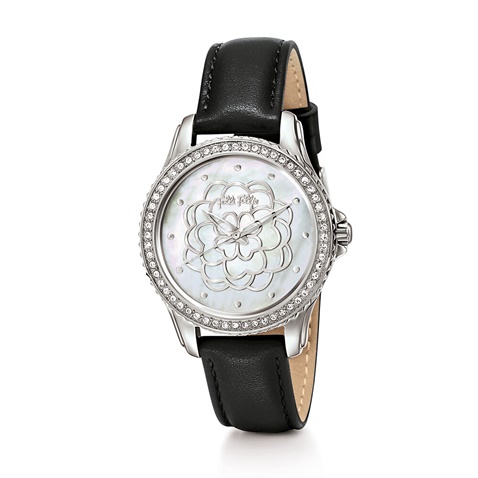 FOLLI FOLLIE-Γυναικείο ρολόι FOLLI FOLLIE SANTORINI FLOWER με μαύρο δερμάτινο λουράκι