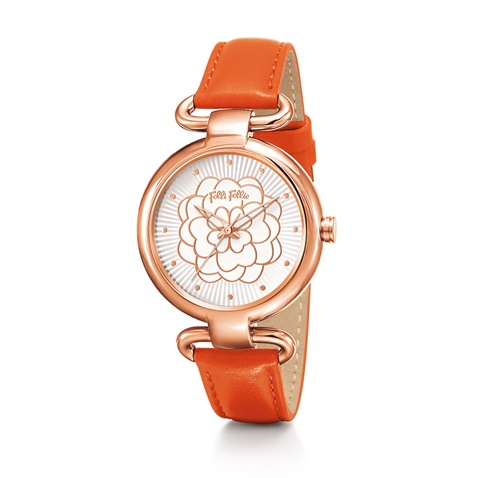 FOLLI FOLLIE-Γυναικείο ρολόι με δερμάτινο λουράκι FOLLI FOLLIE SANTORINI FLOWER πορτοκαλί
