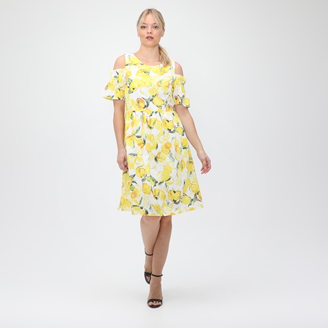 BOSS-Γυναικείο midi φόρεμα BOSS Alemy λευκό κίτρινο