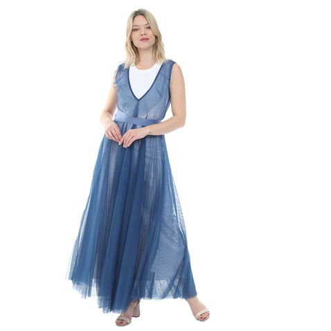 MY TWINS-Γυναικείο maxi φόρεμα MY TWINS λευκό μπλε