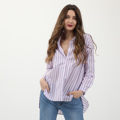 'ALE-Γυναικείο μακρύ πουκάμισο 'ALE ριγέ μοβ λευκό 
