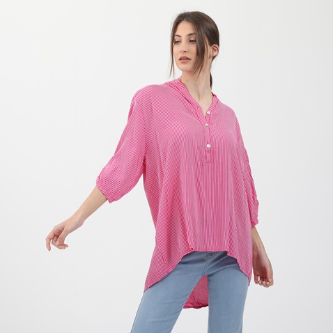 'ALE-Γυναικεία πουκαμίσα τουνίκ 'ALE ριγέ ροζ λευκή