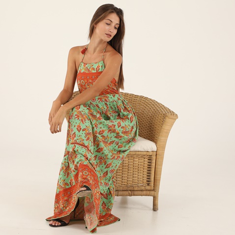 ATTRATTIVO-Γυναικείο maxi φόρεμα ATTRATTIVO πράσινο πορτοκαλί