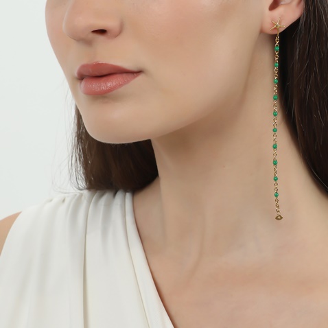 FOLLI FOLLIE-Γυναικεία μακριά σκουλαρίκια FOLLI FOLLIE Mare Bello από επίχρυση αλυσίδα με πράσινο σμάλτο