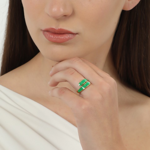 FOLLI FOLLIE-Γυναικείο επίχρυσο δαχτυλίδι FOLLI FOLLIE Mare Bello με πράσινο σμάλτο