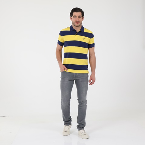 NAVY & GREEN-Ανδρική polo μπλούζα NAVY & GREEN YOUNG LINE μπλε κίτρινη ριγέ