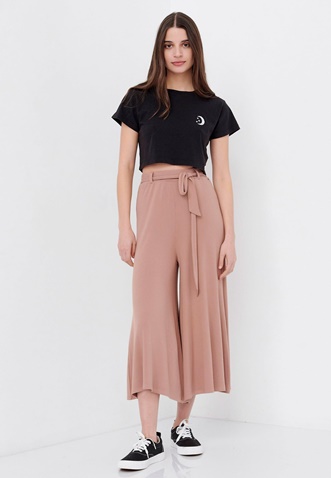 FUNKY BUDDHA-Γυναικεία cropped wide leg παντελόνα FUNKY BUDDHA καφέ