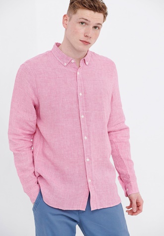 FUNKY BUDDHA-Ανδρικό λινό πουκάμισο FUNKY BUDDHA ροζ λευκό καρό