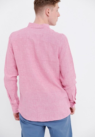 FUNKY BUDDHA-Ανδρικό λινό πουκάμισο FUNKY BUDDHA ροζ λευκό καρό