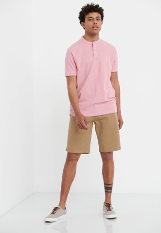 FUNKY BUDDHA-Ανδρική polo μπλούζα με λαιμό mao FUNKY BUDDHA ροζ