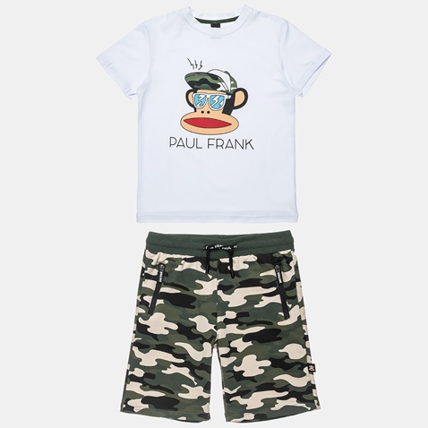 PAUL FRANK-Παιδικό σετ από μπλούζα και βερμούδα Paul Frank λευκή χακί