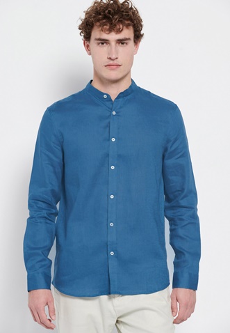 FUNKY BUDDHA-Ανδρικό λινό πουκάμισο FUNKY BUDDHA μπλε