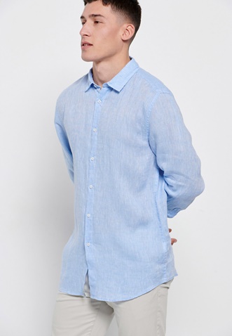 FUNKY BUDDHA-Ανδρικό λινό πουκάμισο FUNKY BUDDHA γαλάζιο