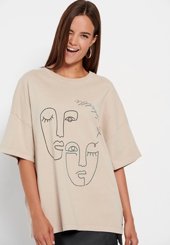 FUNKY BUDDHA-Γυναικείο oversized t-shirt FUNKY BUDDHA garment dyed εκρού